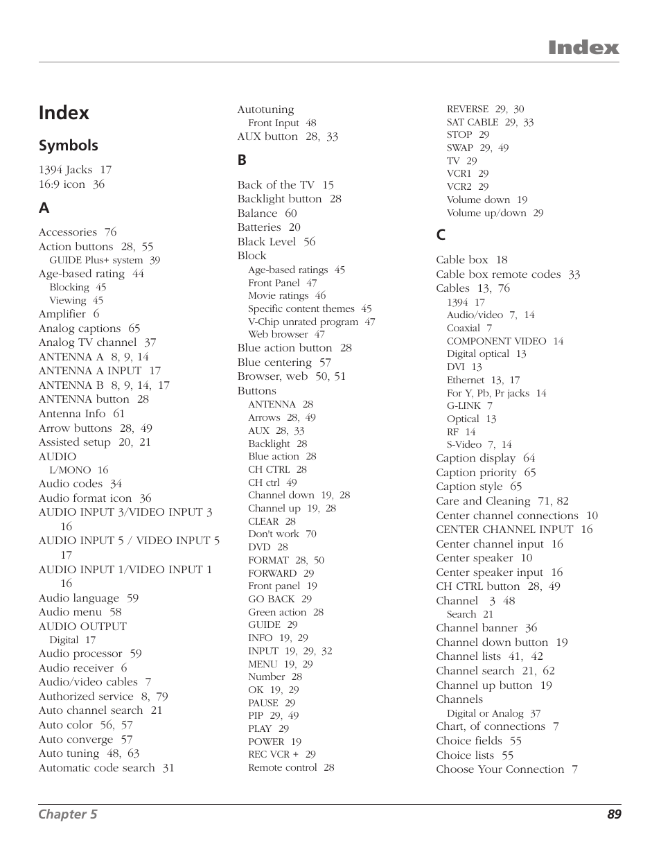 Index, Symbols | RCA HD65W40 User Manual | Page 91 / 96