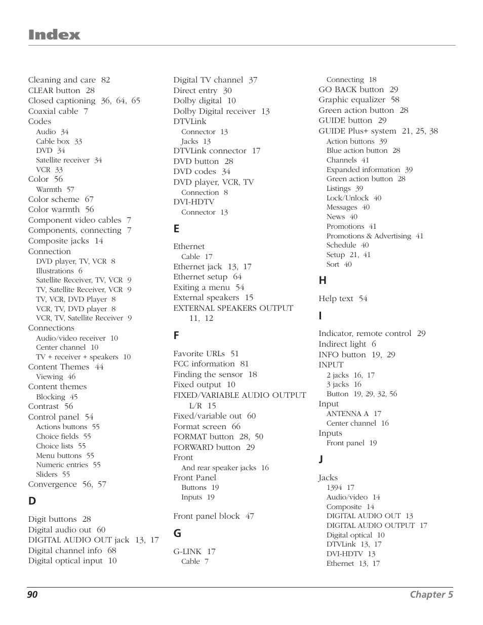 Index | RCA HD65W40 User Manual | Page 92 / 96