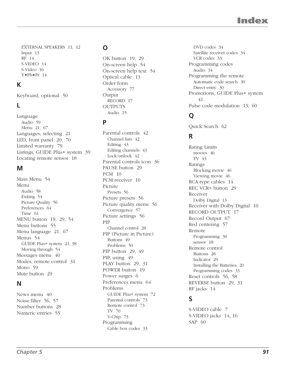 Index | RCA HD65W40 User Manual | Page 93 / 96