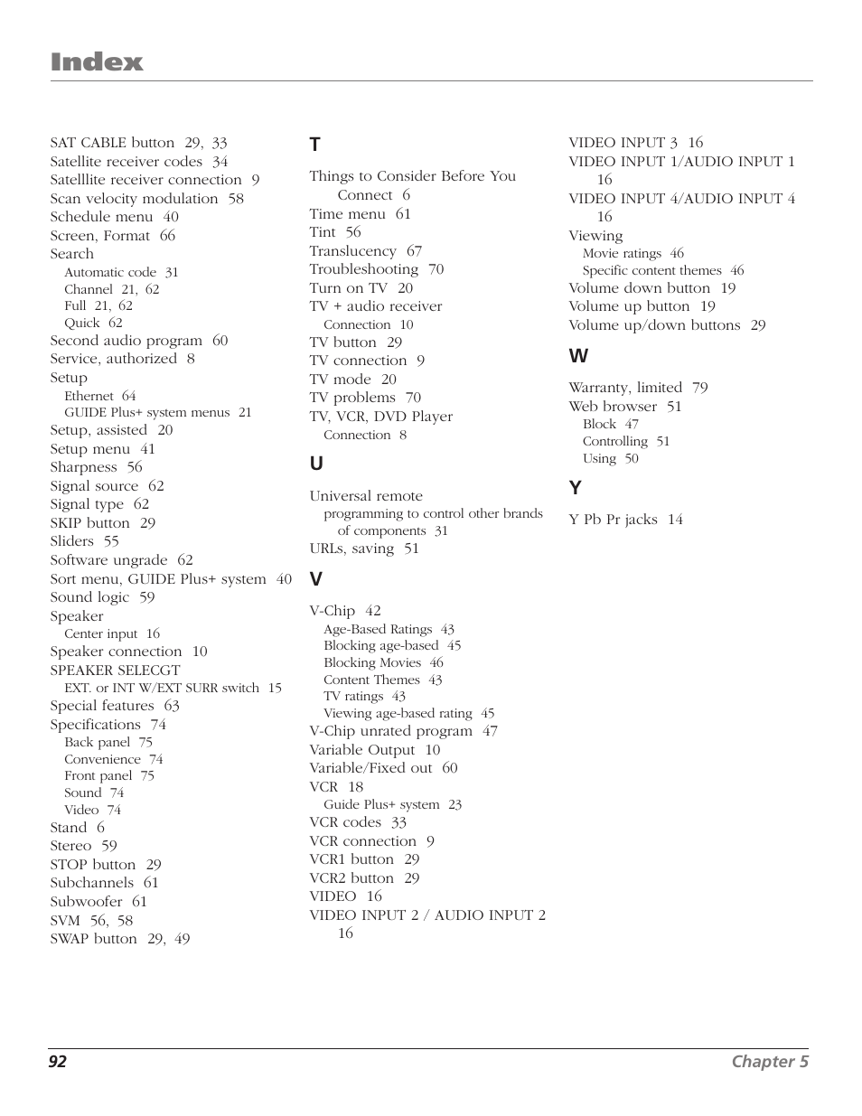 Index | RCA HD65W40 User Manual | Page 94 / 96