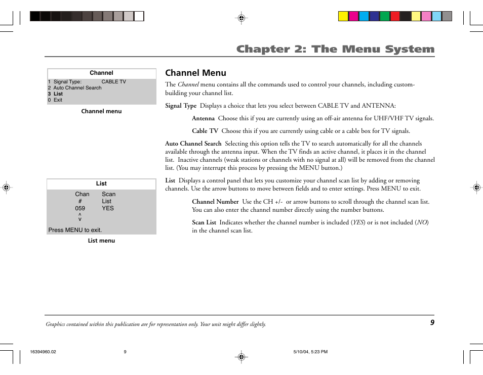 Chapter 2: the menu system, Channel menu | RCA 9V345T User Manual | Page 11 / 24