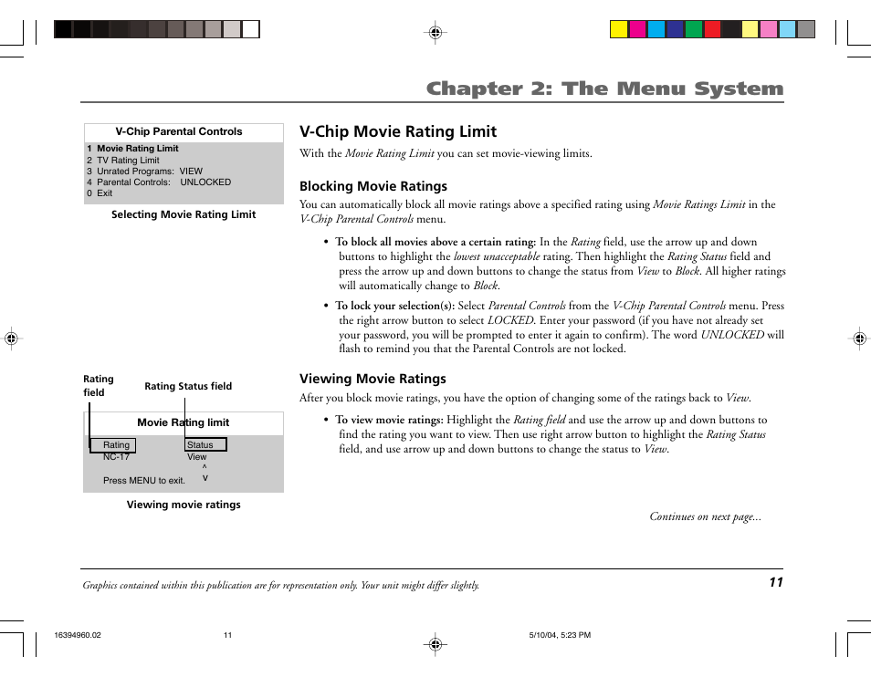 Chapter 2: the menu system, V-chip movie rating limit | RCA 9V345T User Manual | Page 13 / 24