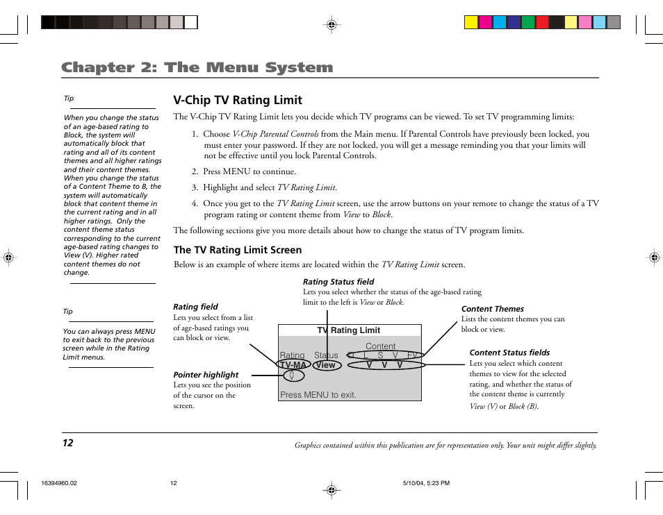 Chapter 2: the menu system, V-chip tv rating limit | RCA 9V345T User Manual | Page 14 / 24