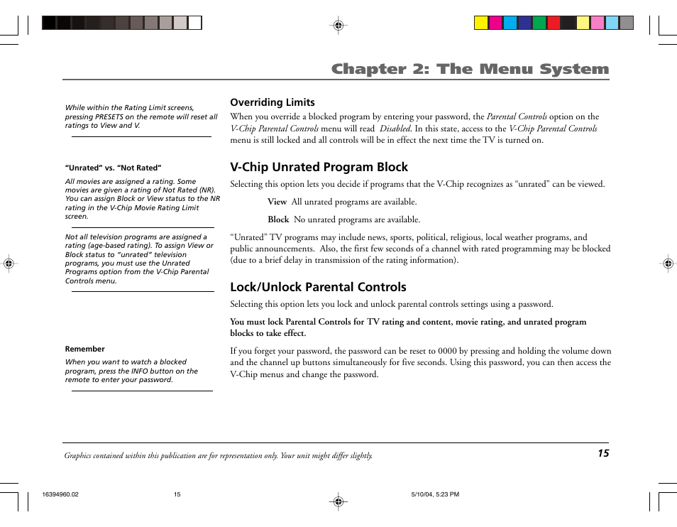 Chapter 2: the menu system, V-chip unrated program block, Lock/unlock parental controls | RCA 9V345T User Manual | Page 17 / 24