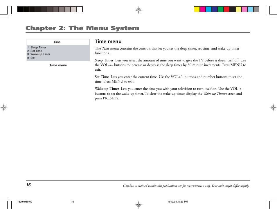 Chapter 2: the menu system, Time menu | RCA 9V345T User Manual | Page 18 / 24