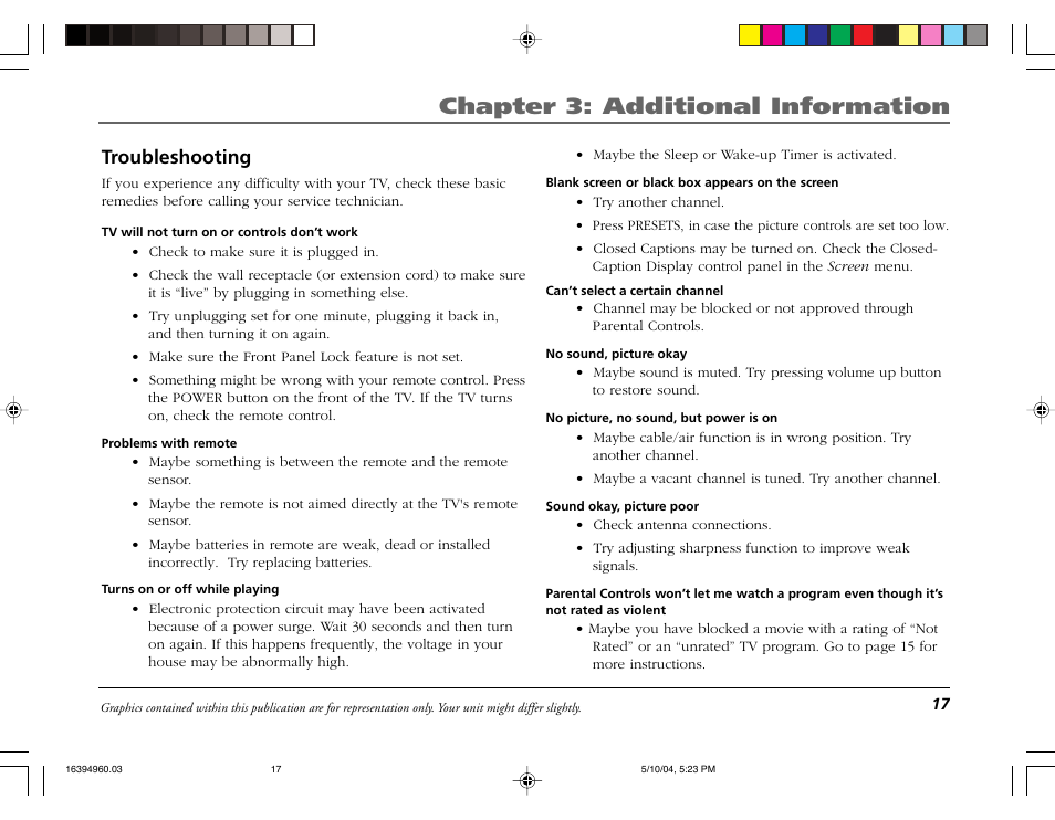 Chapter 3: additional information, Troubleshooting | RCA 9V345T User Manual | Page 19 / 24