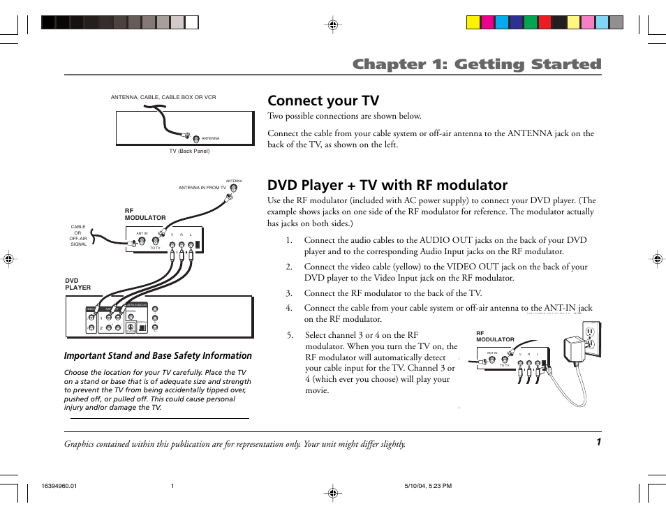 Chapter 1: getting started, Connect your tv, Dvd player + tv with rf modulator | 9v d c 80 0m a | RCA 9V345T User Manual | Page 3 / 24