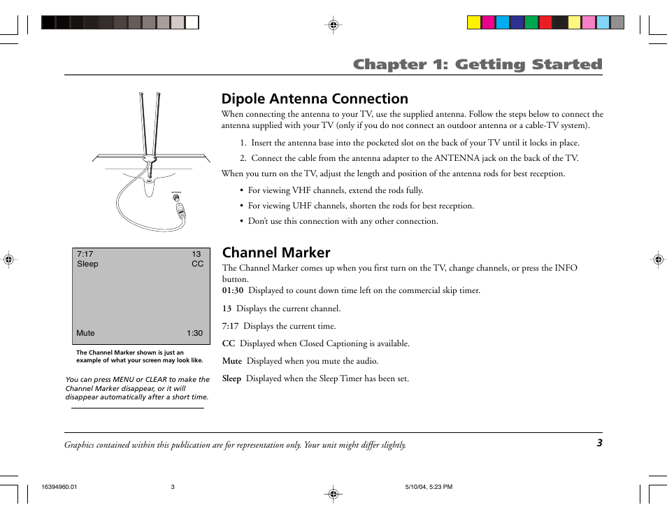 Chapter 1: getting started, Channel marker, Dipole antenna connection | RCA 9V345T User Manual | Page 5 / 24