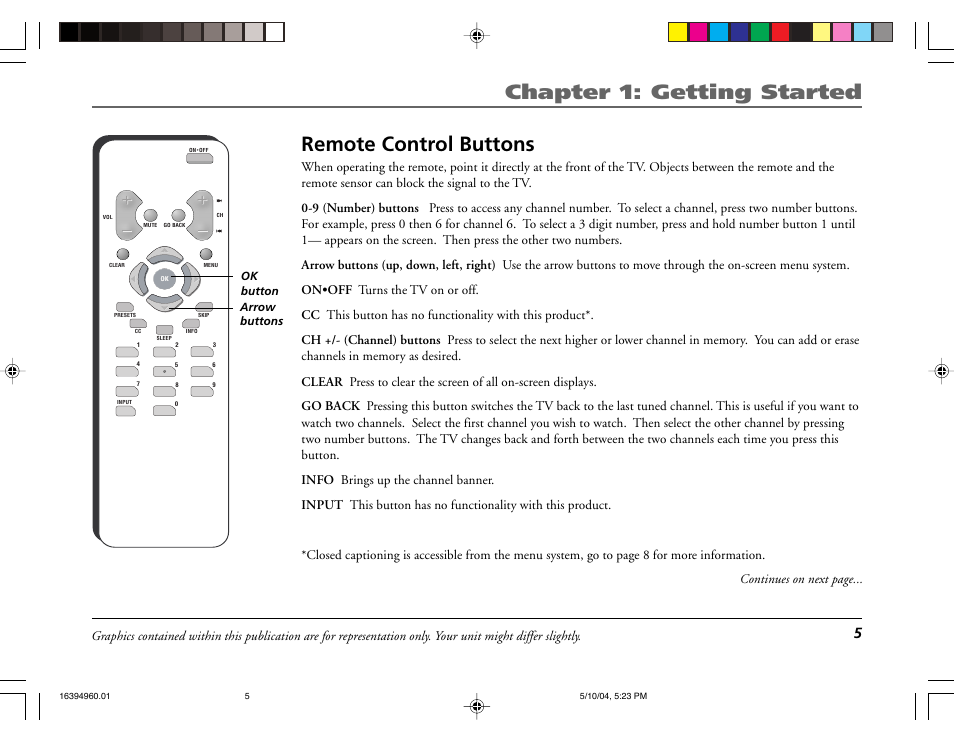 Chapter 1: getting started, Remote control buttons | RCA 9V345T User Manual | Page 7 / 24