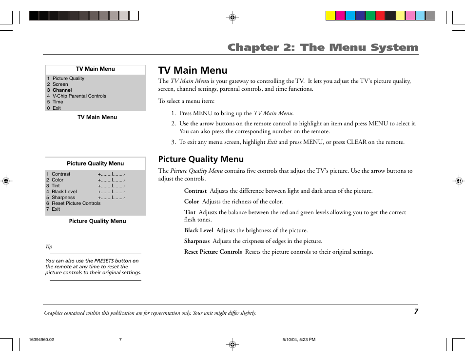 Chapter 2: the menu system, Tv main menu, Picture quality menu | RCA 9V345T User Manual | Page 9 / 24