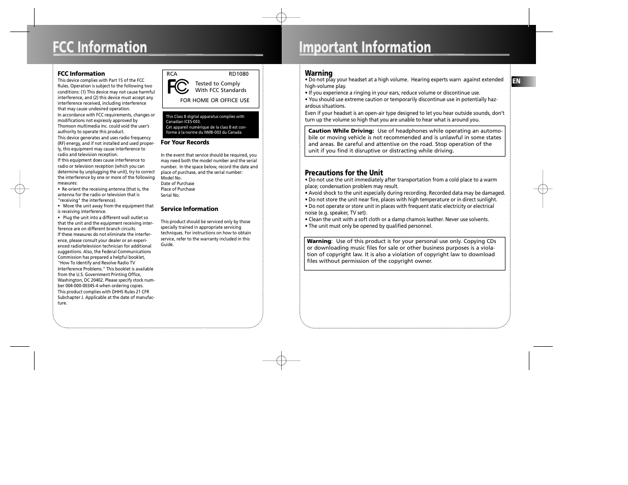 Important information fcc information | RCA RD1090 User Manual | Page 2 / 10