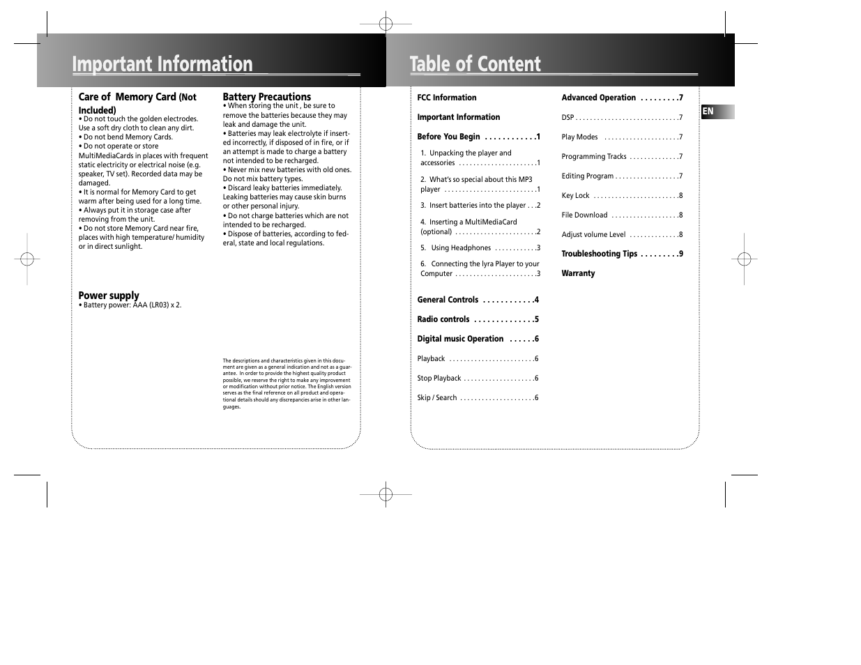 Table of content important information | RCA RD1090 User Manual | Page 3 / 10