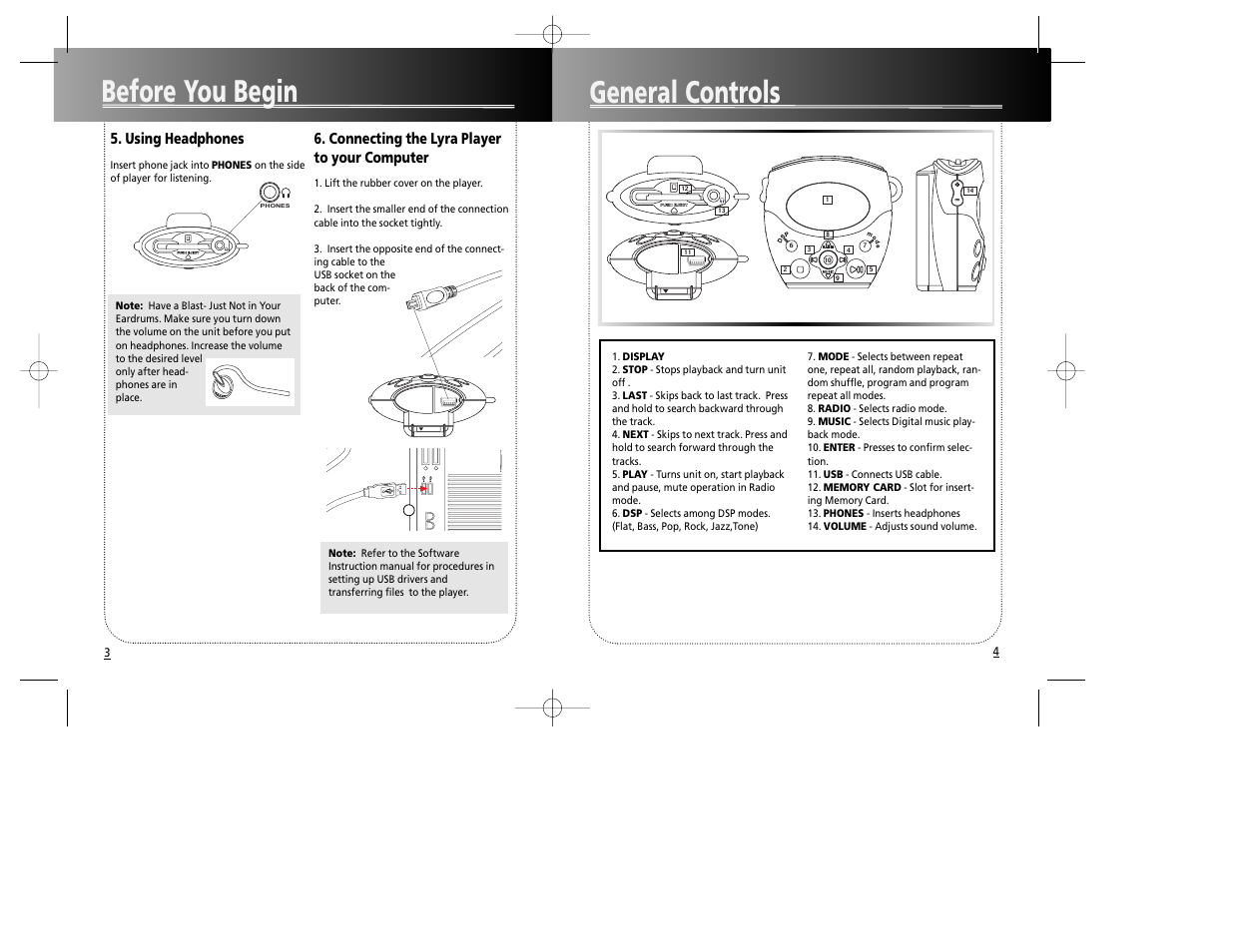 General controls, Before you begin, Using headphones | Connecting the lyra player to your computer | RCA RD1090 User Manual | Page 5 / 10