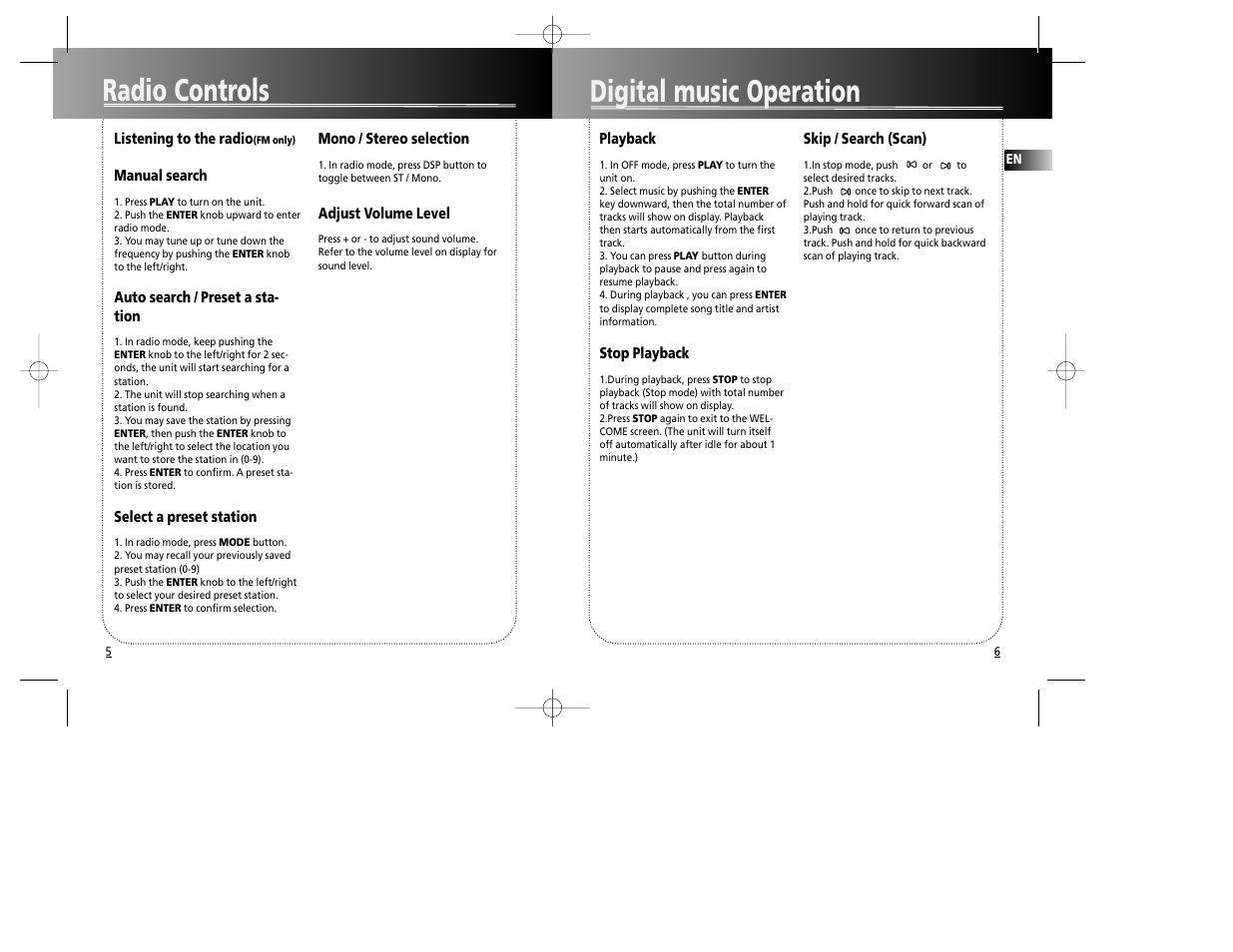 Radio controls, Digital music operation | RCA RD1090 User Manual | Page 6 / 10