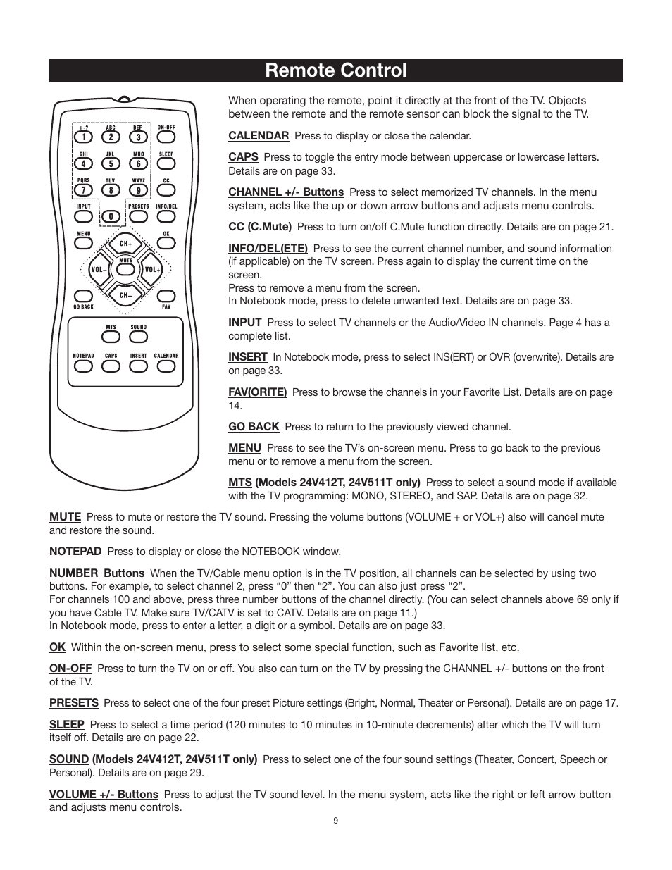 Remote control | RCA 24V511T User Manual | Page 10 / 40