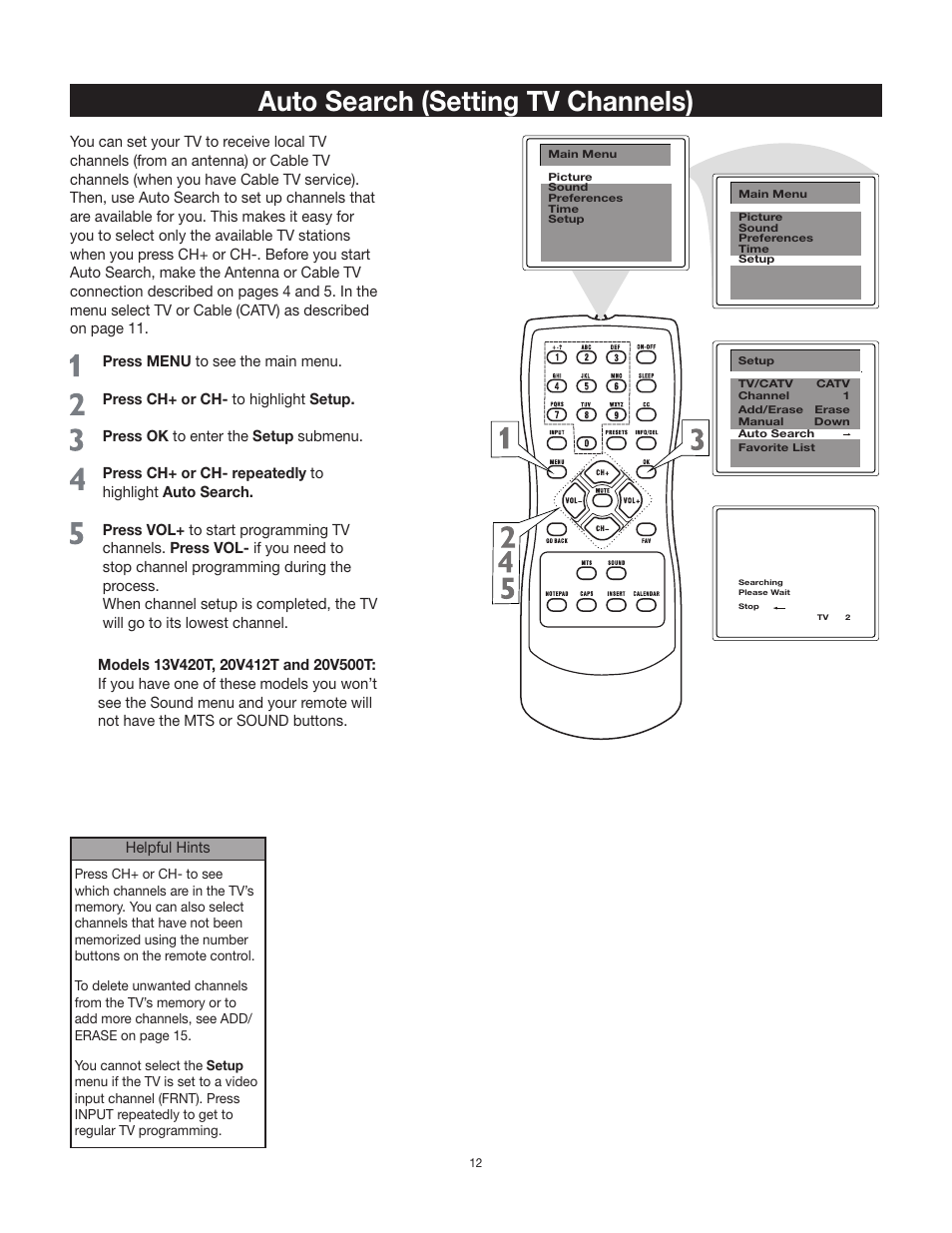 Auto search (setting tv channels) | RCA 24V511T User Manual | Page 13 / 40