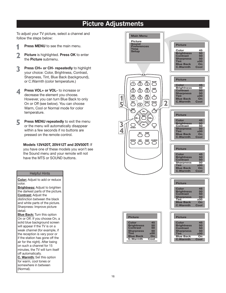 Picture adjustments, Helpful hints | RCA 24V511T User Manual | Page 17 / 40