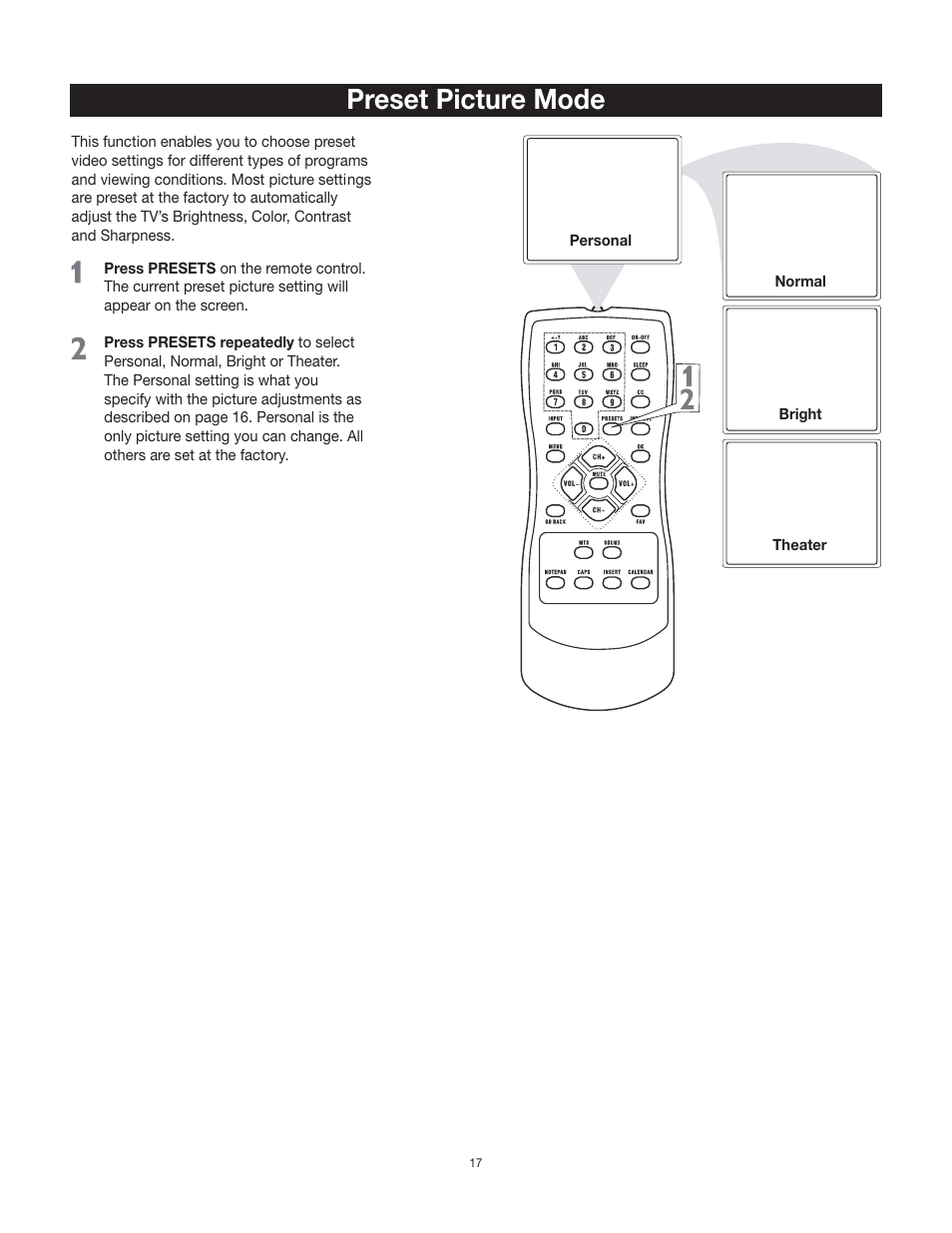 Preset picture mode | RCA 24V511T User Manual | Page 18 / 40