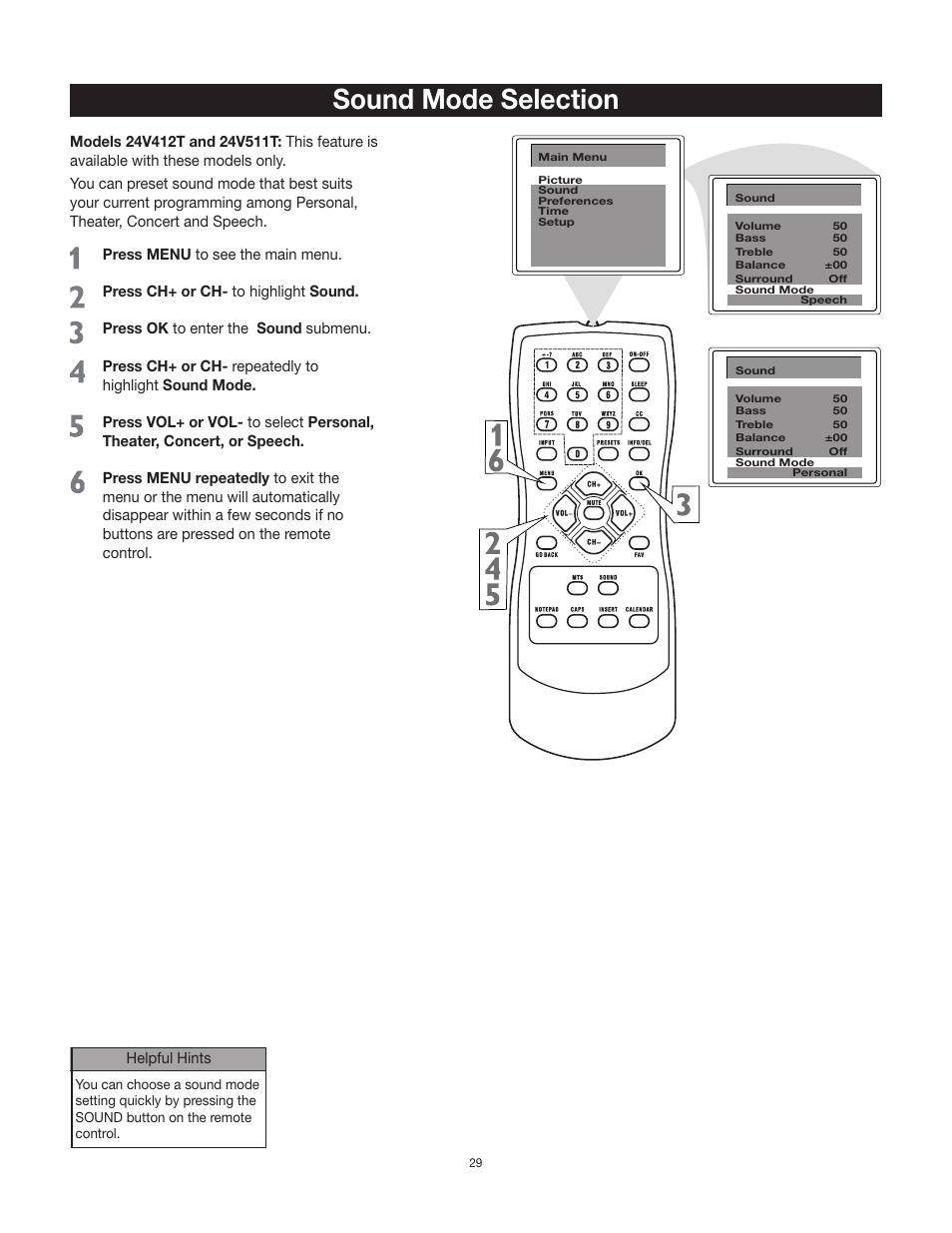 Sound mode selection | RCA 24V511T User Manual | Page 30 / 40