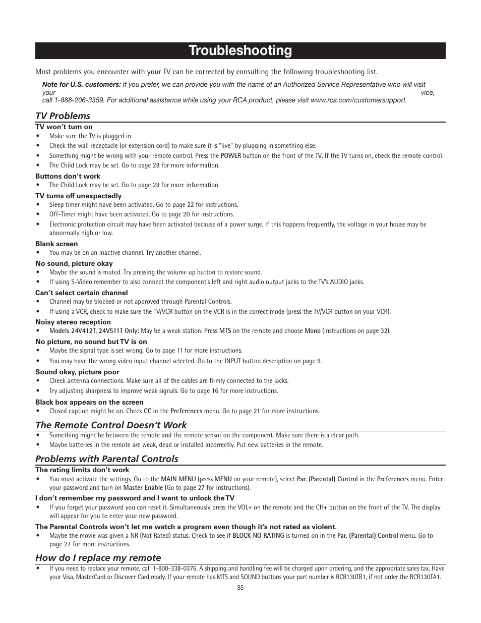 Troubleshooting, Tv problems, The remote control doesn’t work | Problems with parental controls, How do i replace my remote | RCA 24V511T User Manual | Page 36 / 40