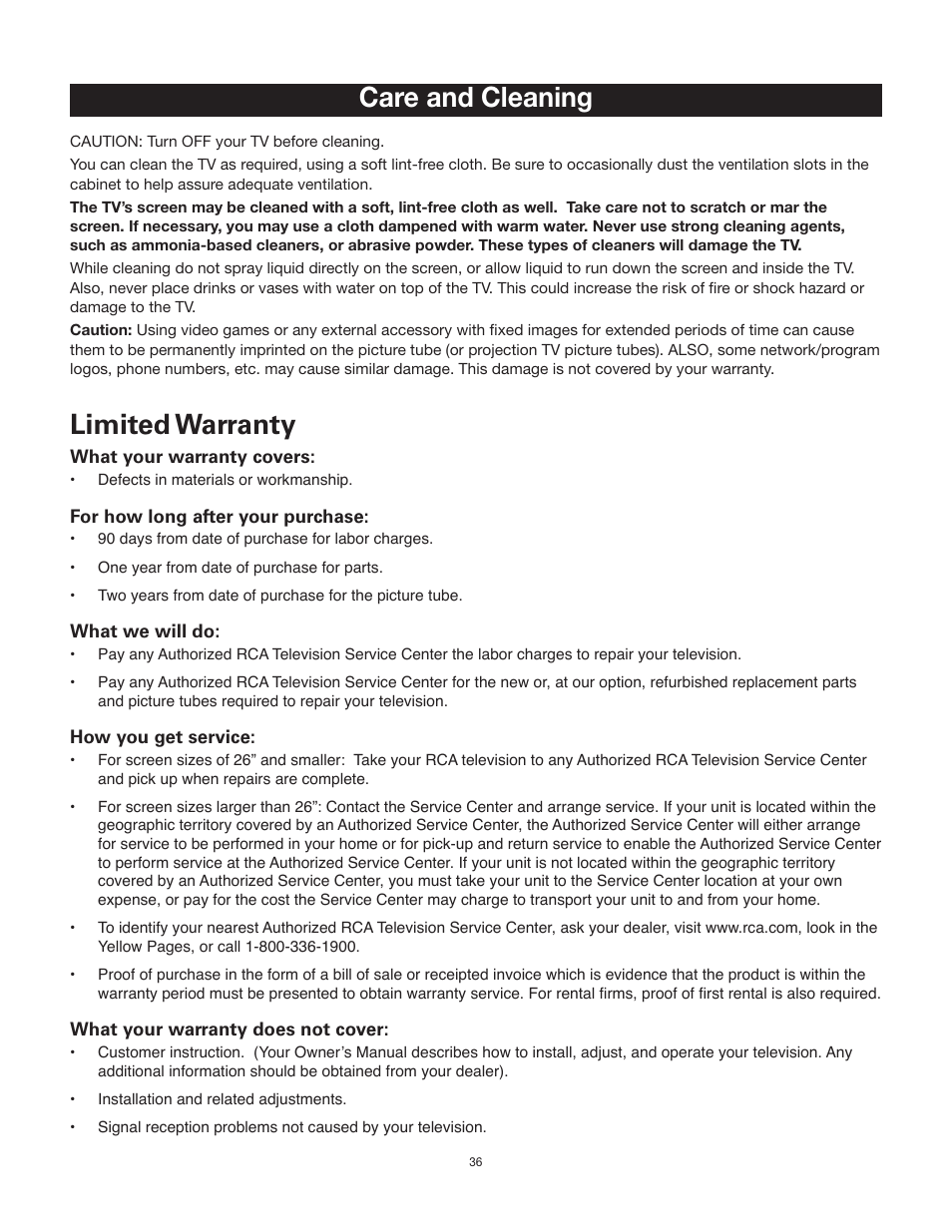 Limited warranty, Care and cleaning | RCA 24V511T User Manual | Page 37 / 40