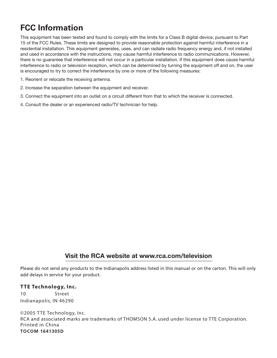 Fcc information | RCA 24V511T User Manual | Page 40 / 40