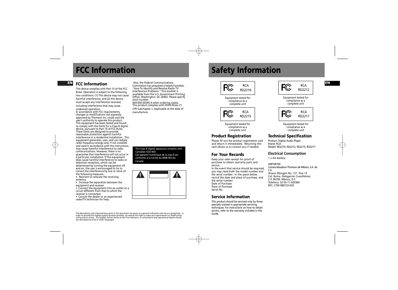 Safety information fcc information | RCA RD2215 User Manual | Page 3 / 23
