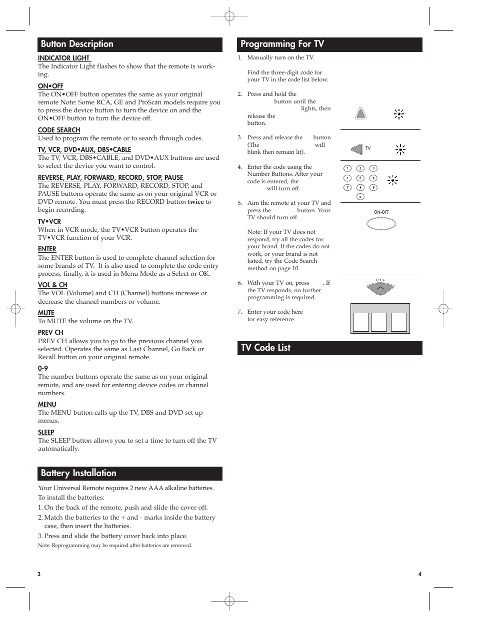Programming for tv tv code list, Battery installation, Button description | RCA Universal Remote RCU410MS User Manual | Page 2 / 9