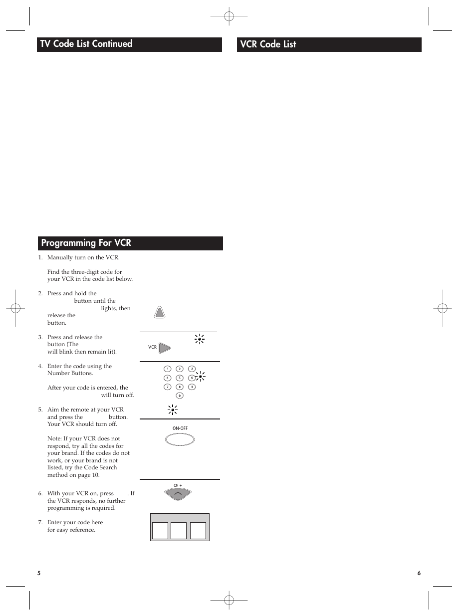 Tv code list continued programming for vcr, Vcr code list | RCA Universal Remote RCU410MS User Manual | Page 3 / 9