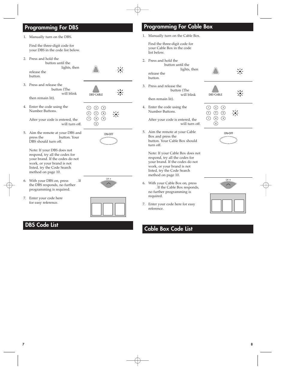 Programming for dbs, Dbs code list, Programming for cable box | Cable box code list | RCA Universal Remote RCU410MS User Manual | Page 4 / 9