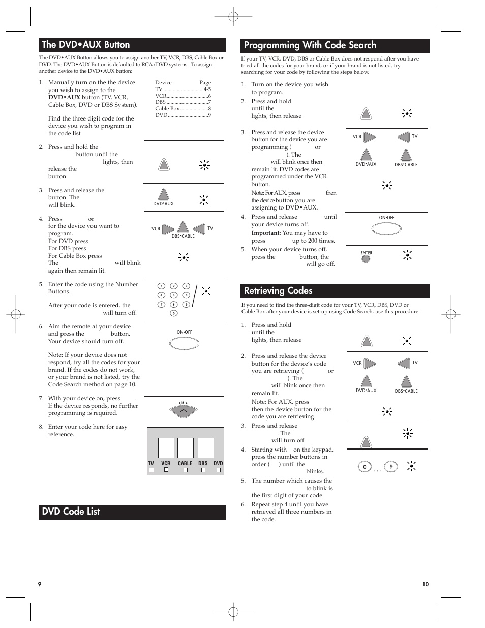 The dvd•aux button, Dvd code list, Programming with code search | Retrieving codes | RCA Universal Remote RCU410MS User Manual | Page 5 / 9