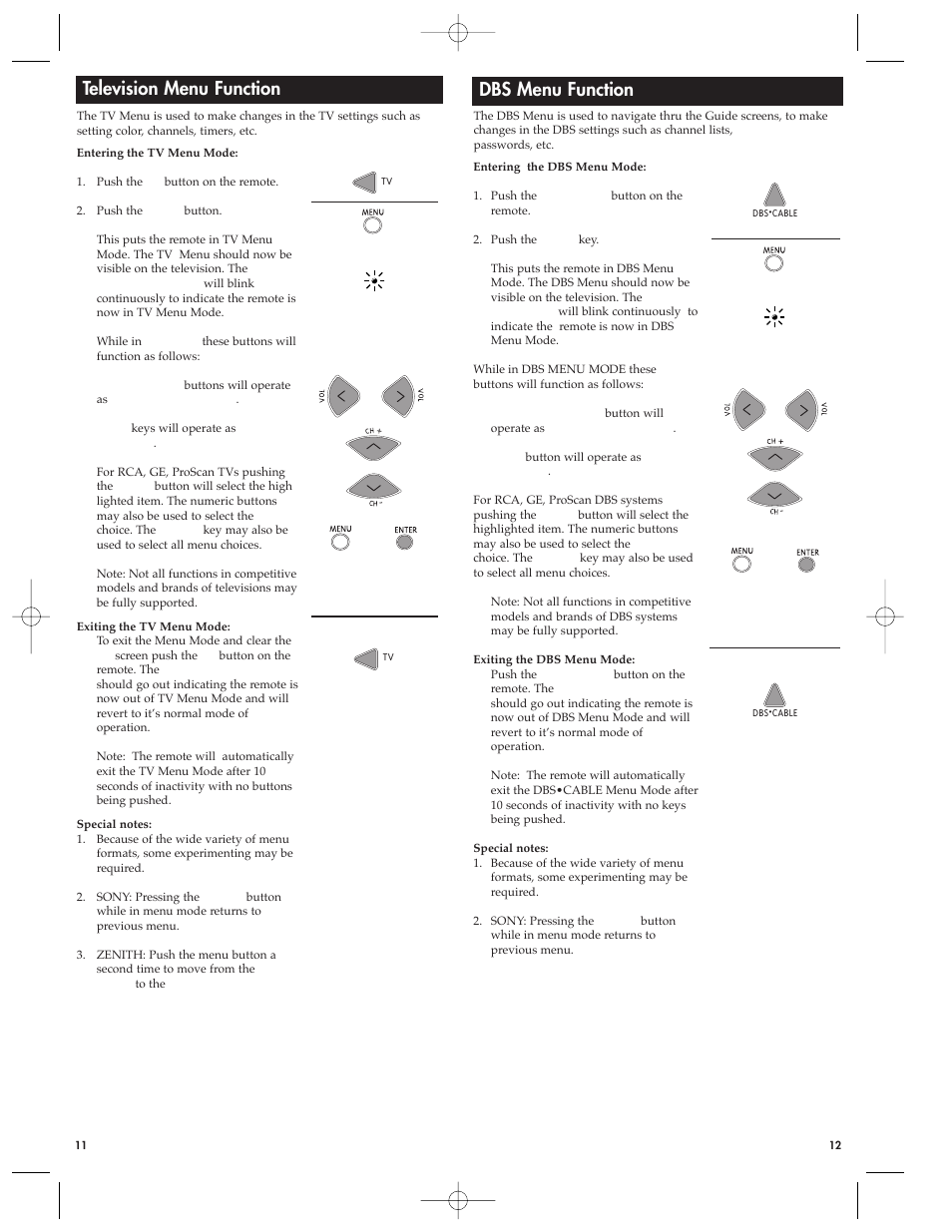 Television menu function, Dbs menu function | RCA Universal Remote RCU410MS User Manual | Page 6 / 9