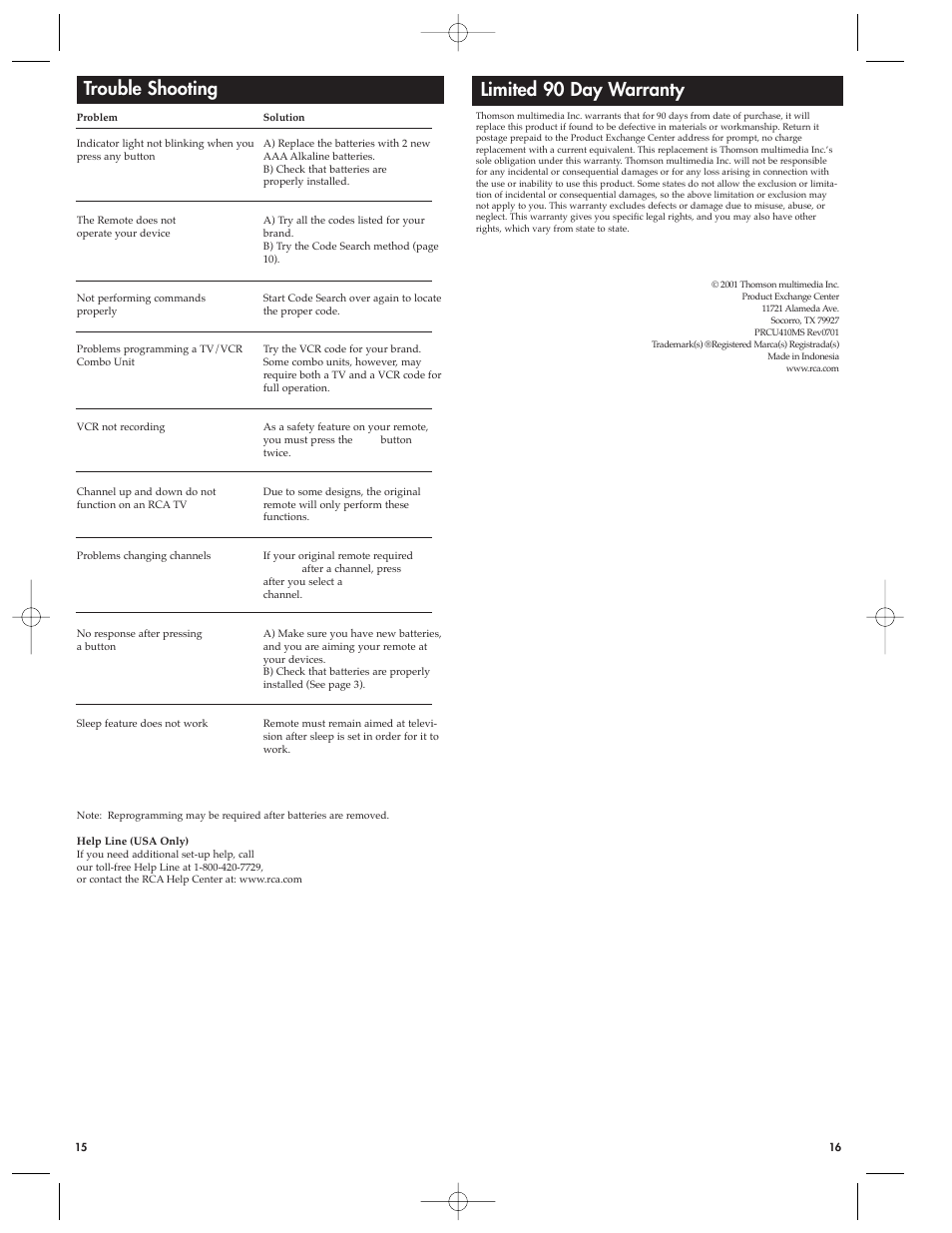 Trouble shooting, Limited 90 day warranty | RCA Universal Remote RCU410MS User Manual | Page 8 / 9