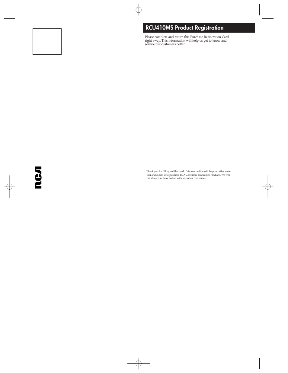 Inside card, Rcu410ms product registration | RCA Universal Remote RCU410MS User Manual | Page 9 / 9