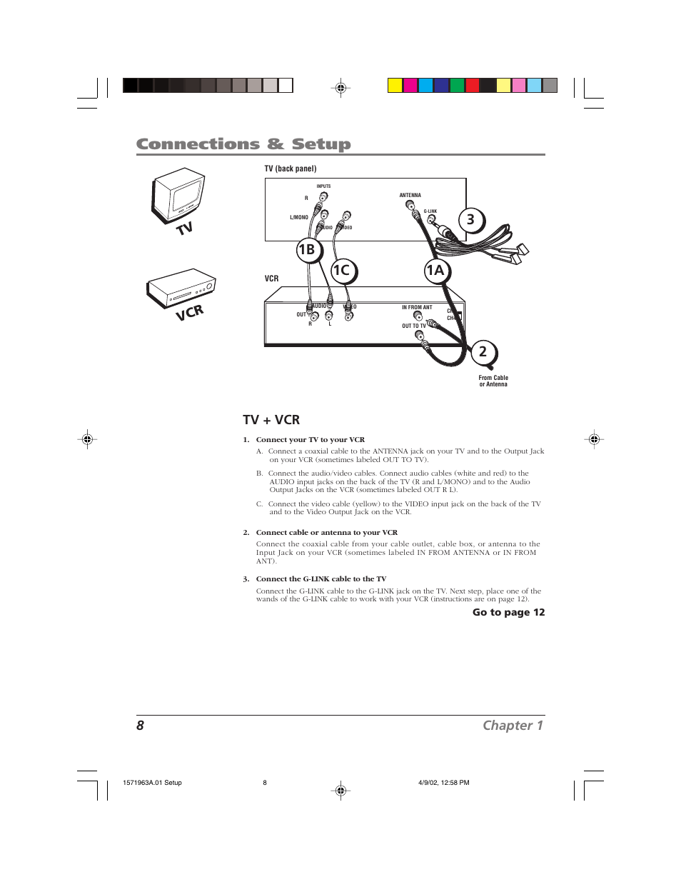 Connections & setup, 8chapter 1 tv + vcr, Tv vcr | RCA F19436 User Manual | Page 10 / 64
