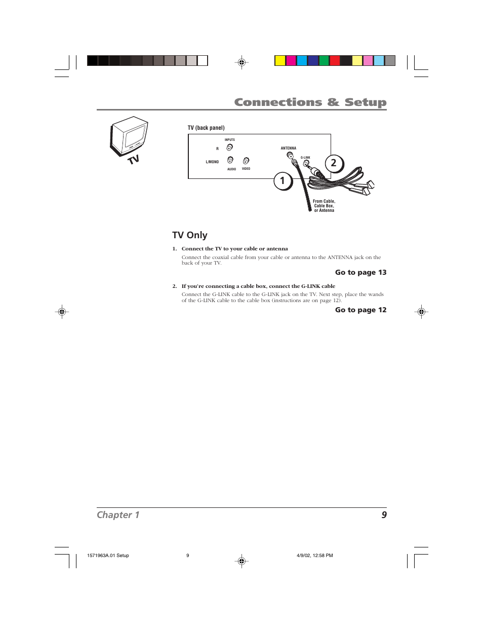 Connections & setup, Chapter 1 9 tv only | RCA F19436 User Manual | Page 11 / 64