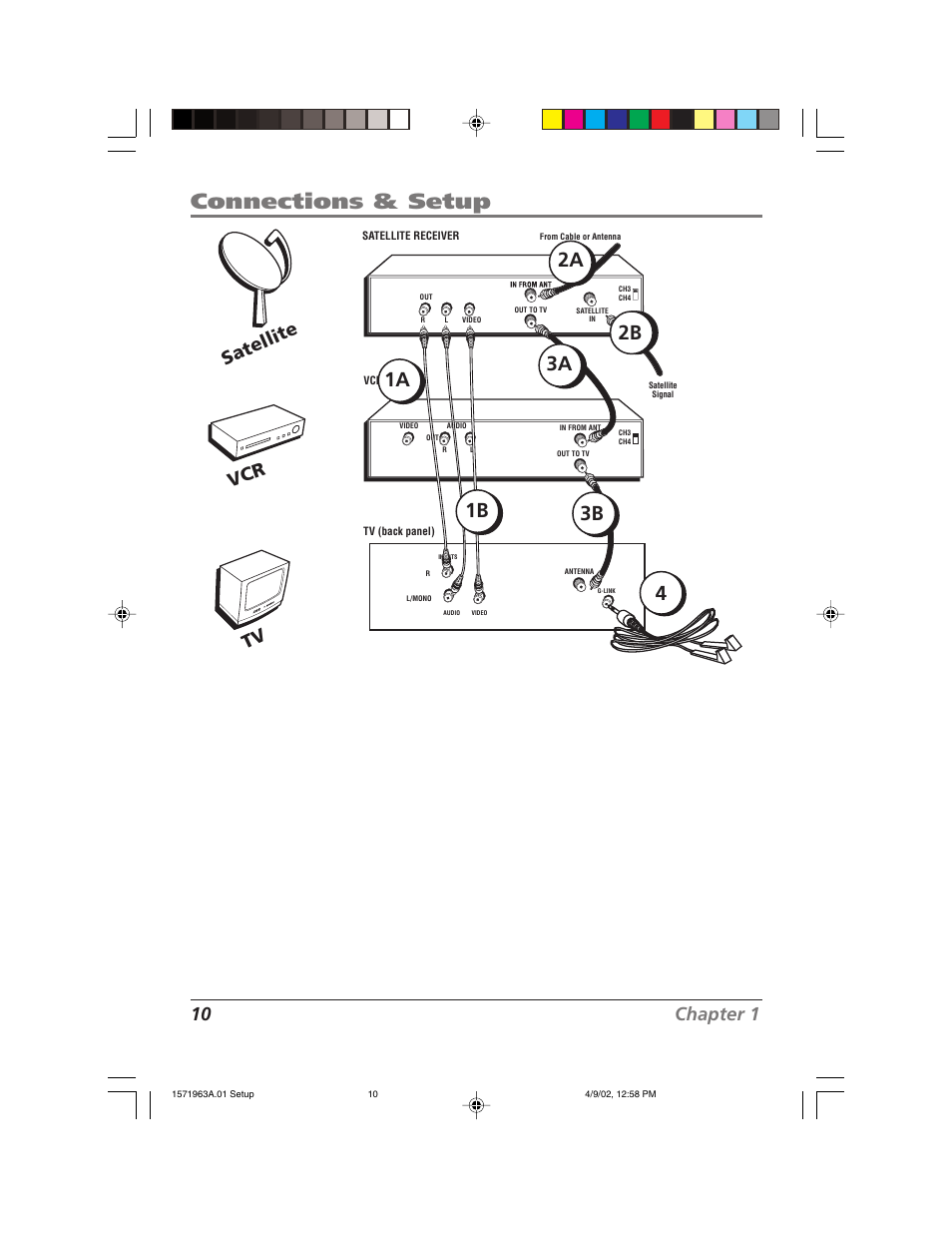 Connections & setup, 10 chapter 1, Tv vcr satellite | RCA F19436 User Manual | Page 12 / 64