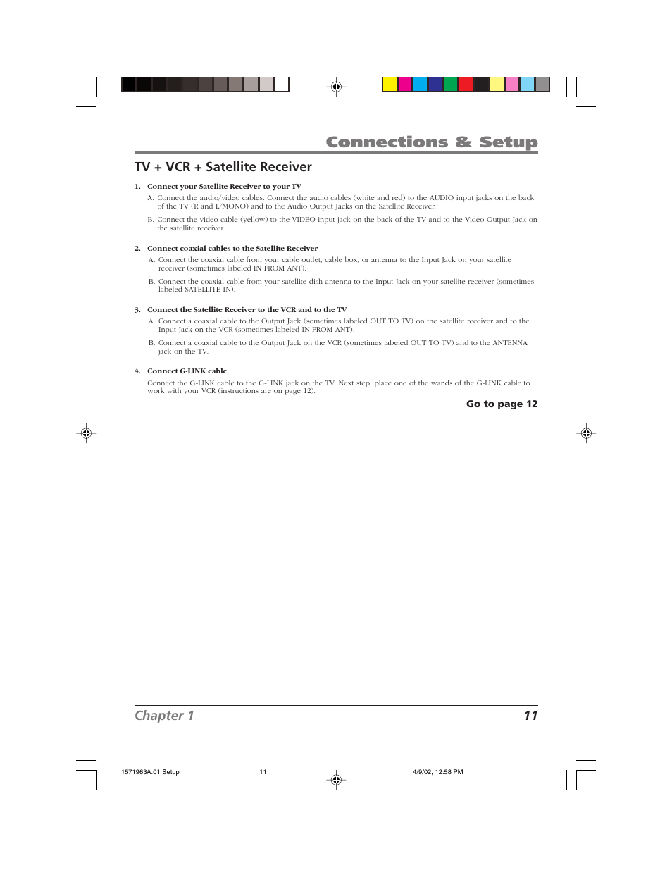 Connections & setup, Chapter 1 11 tv + vcr + satellite receiver | RCA F19436 User Manual | Page 13 / 64