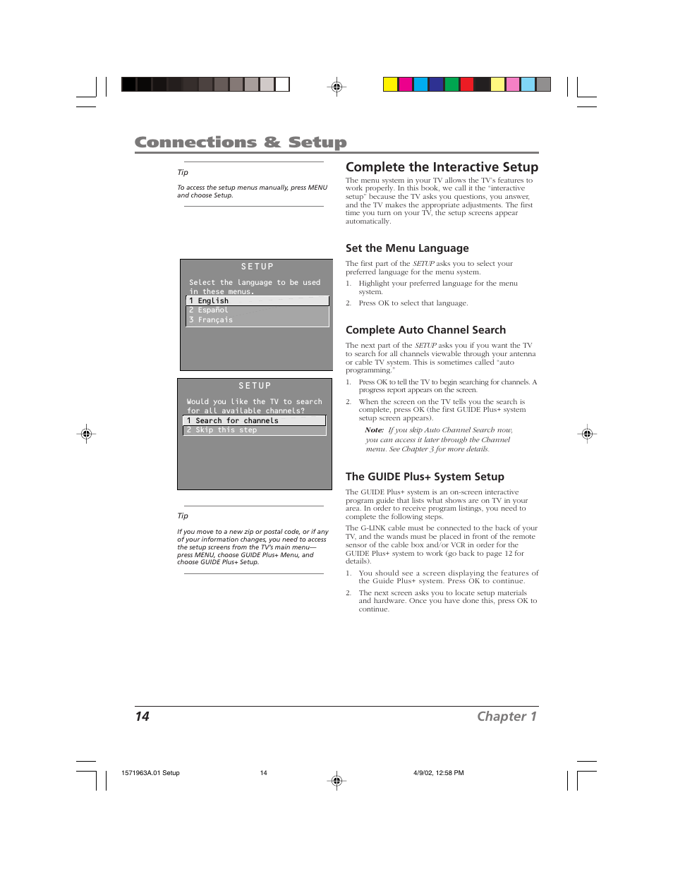 Connections & setup, 14 chapter 1, Complete the interactive setup | Set the menu language, Complete auto channel search, The guide plus+ system setup | RCA F19436 User Manual | Page 16 / 64