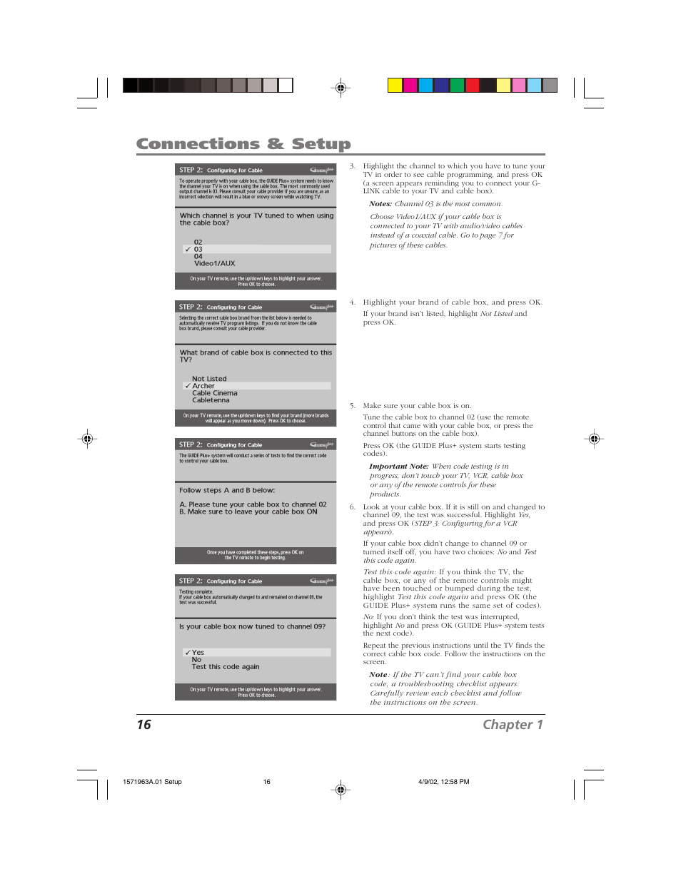 Connections & setup, 16 chapter 1 | RCA F19436 User Manual | Page 18 / 64