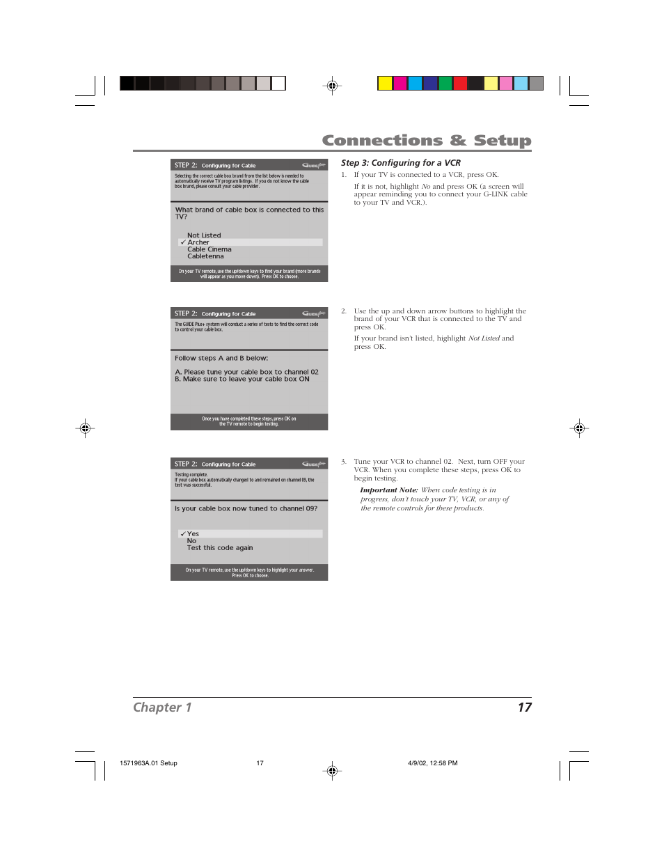 Connections & setup, Chapter 1 17 | RCA F19436 User Manual | Page 19 / 64