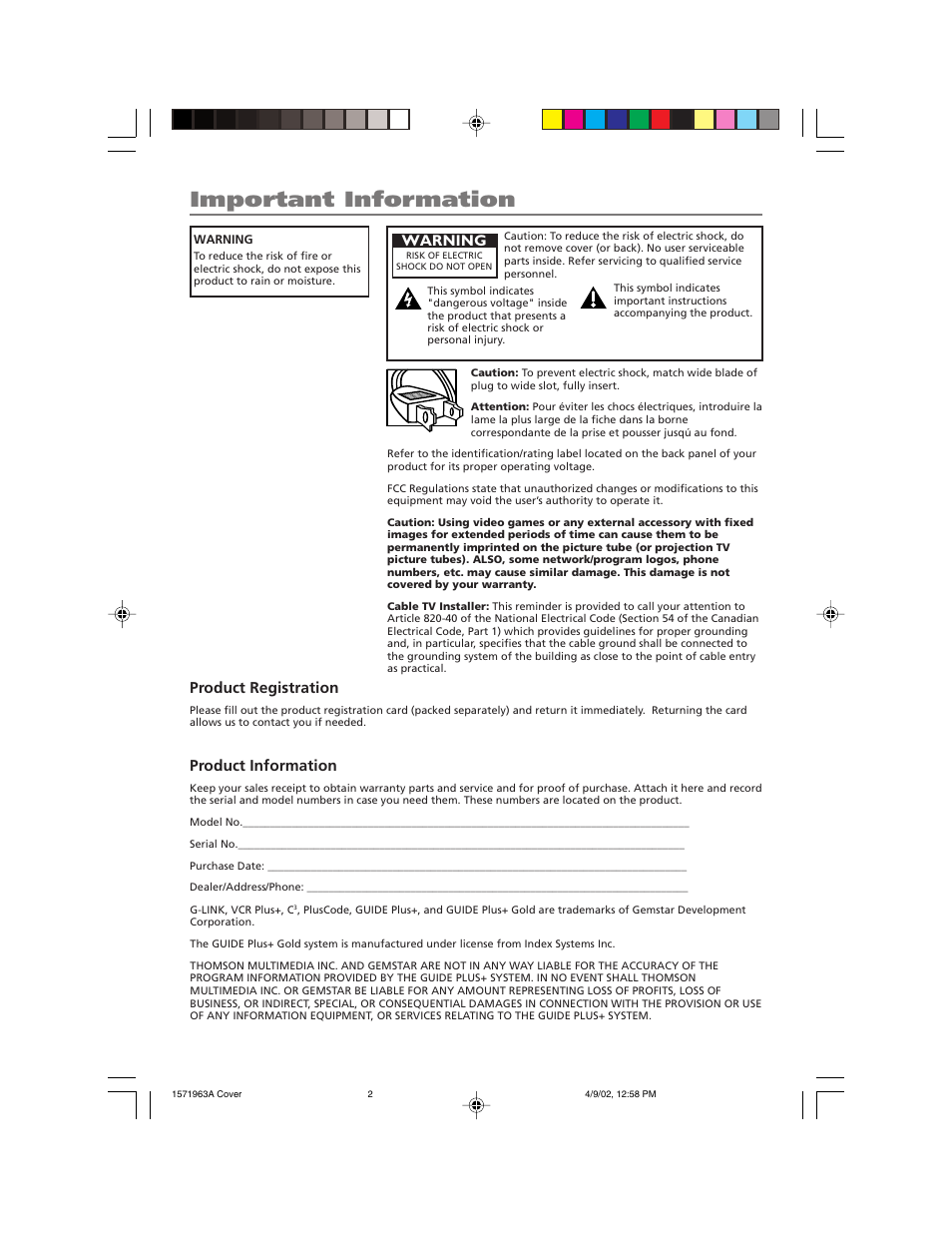 Important information, Product registration, Product information | Warning | RCA F19436 User Manual | Page 2 / 64