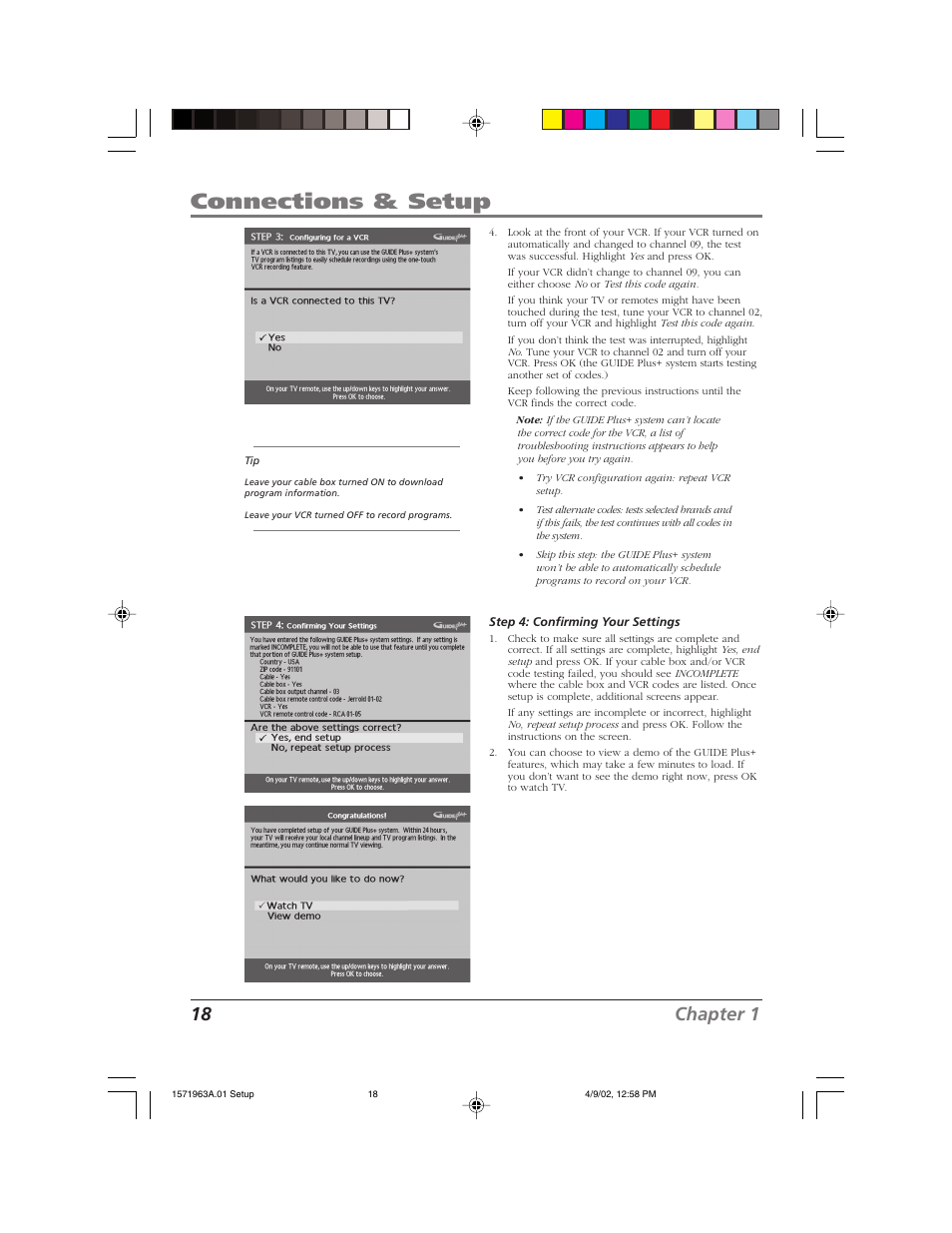 Connections & setup, 18 chapter 1 | RCA F19436 User Manual | Page 20 / 64