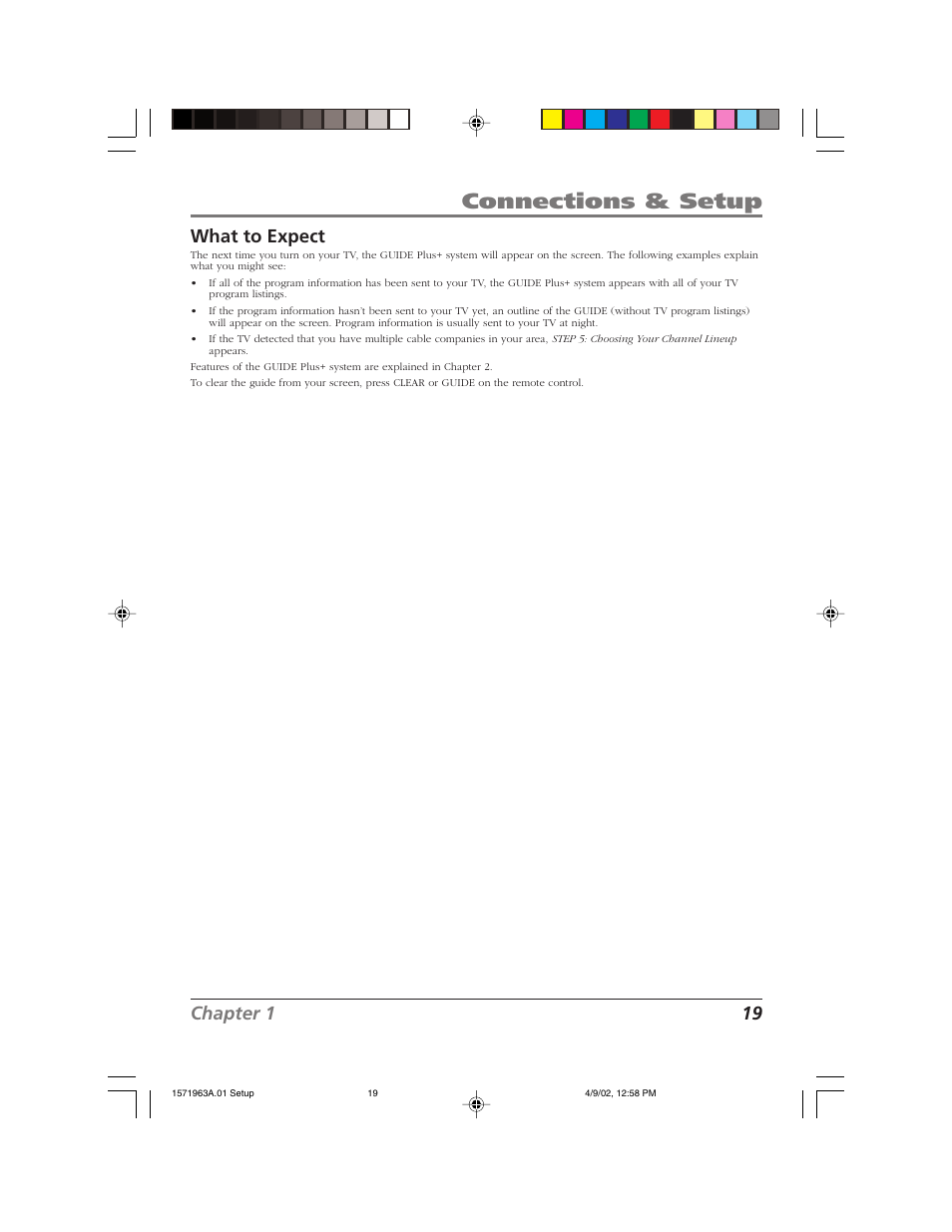 Connections & setup, Chapter 1 19 what to expect | RCA F19436 User Manual | Page 21 / 64