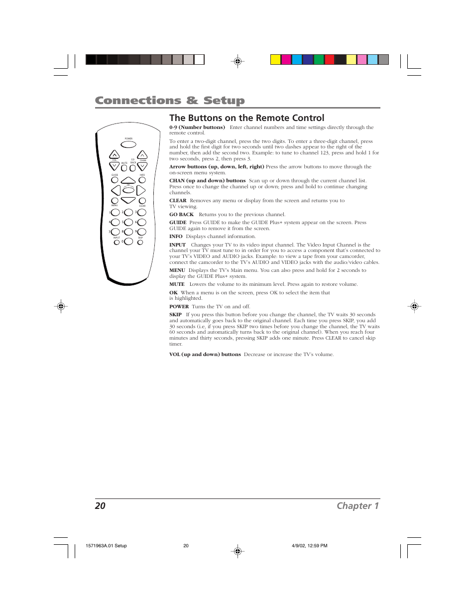 Connections & setup, 20 chapter 1, The buttons on the remote control | RCA F19436 User Manual | Page 22 / 64