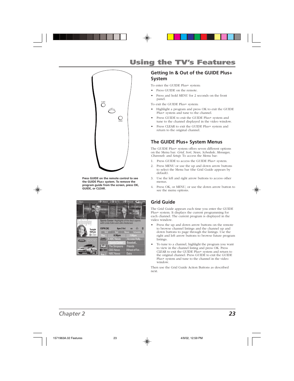 Using the tv’s features, Chapter 2 23, Getting in & out of the guide plus+ system | The guide plus+ system menus, Grid guide | RCA F19436 User Manual | Page 25 / 64