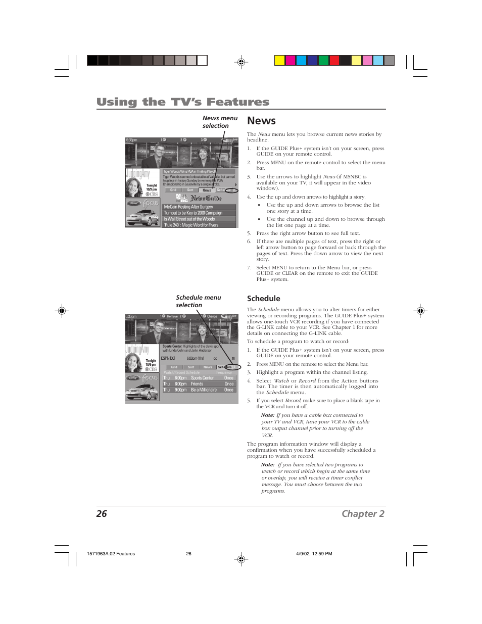 Using the tv’s features, News, 26 chapter 2 | Schedule | RCA F19436 User Manual | Page 28 / 64