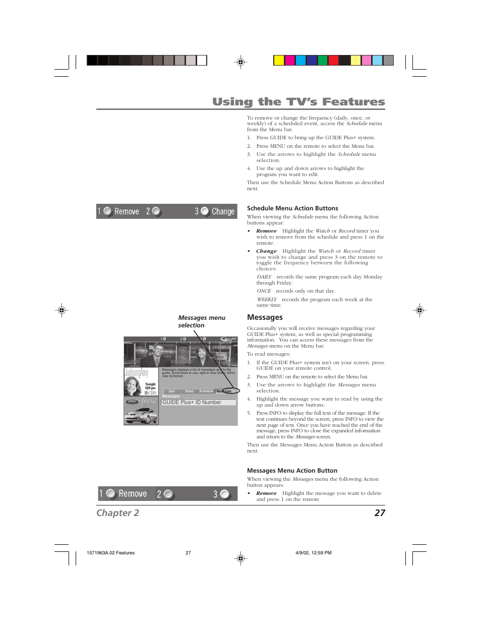 Using the tv’s features, Chapter 2 27, Messages | RCA F19436 User Manual | Page 29 / 64