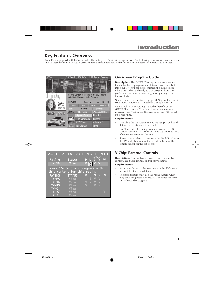 Introduction, Key features overview, V-chip tv rating limit | RCA F19436 User Manual | Page 3 / 64