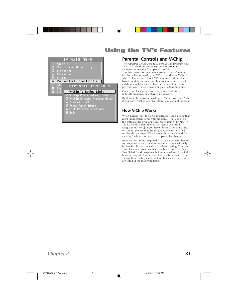 Using the tv’s features, Chapter 2 31 parental controls and v-chip | RCA F19436 User Manual | Page 33 / 64